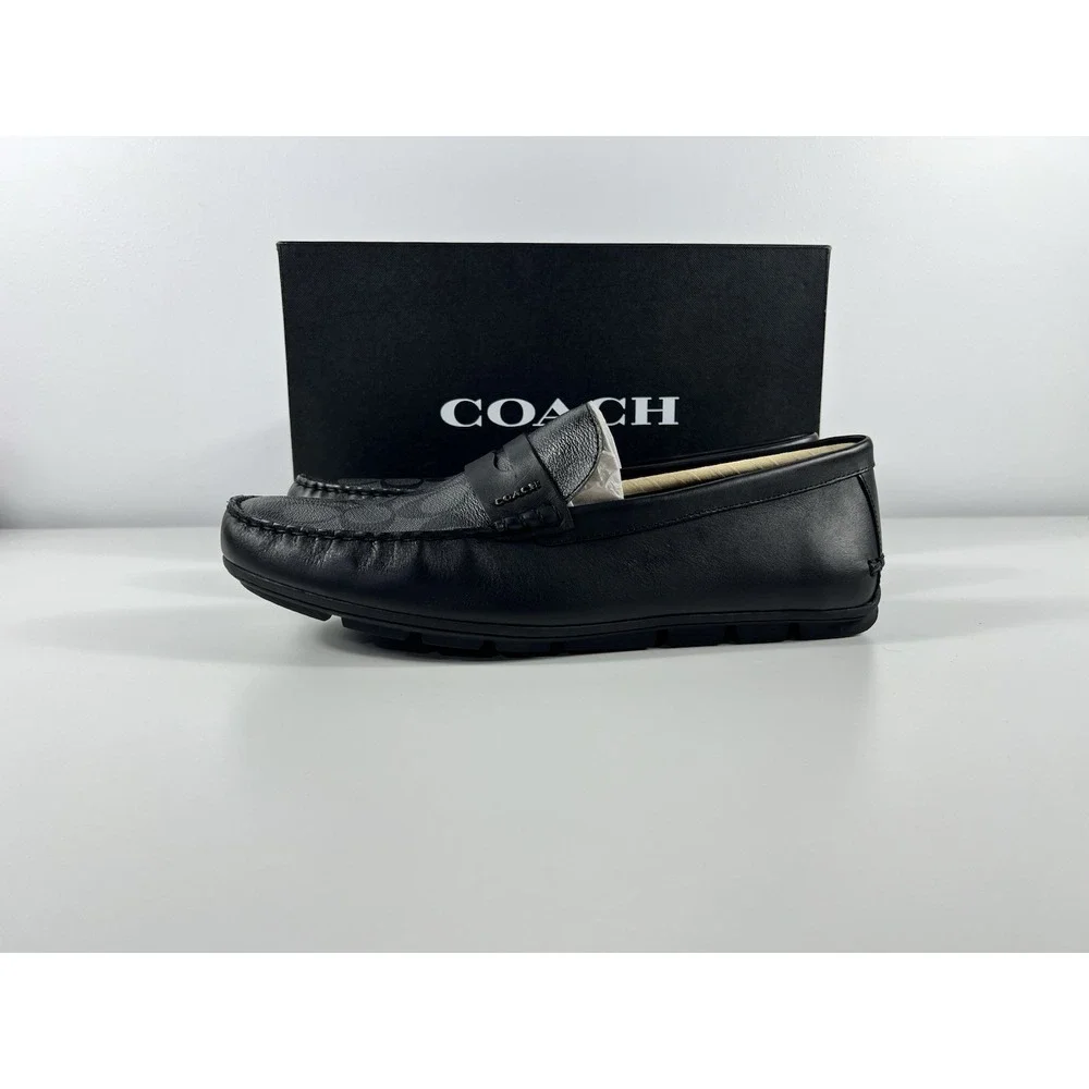 COACH Men's Shoes Loafer Size 12 US Black Leather MOTT DRIVER SIG PVC